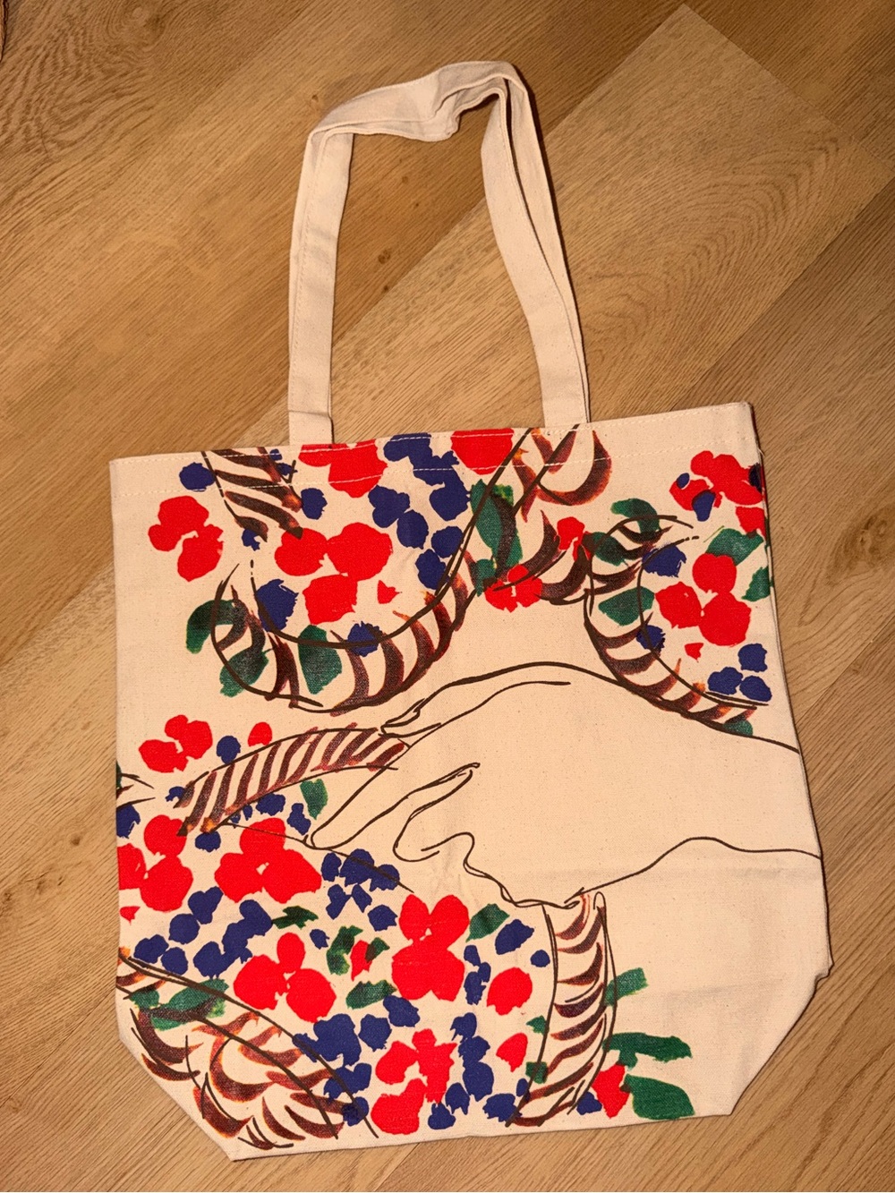 Vogue Canvas Floral Print Tote Bag in Cream with Red & Blue Accents